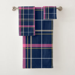 Navy Blue Tartan Kariert mit Pink White Beige Badhandtuch Set