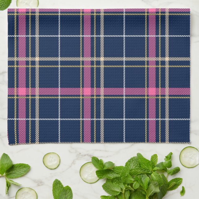 Navy Blue Tartan Kariert mit Pink White Beige Geschirrtuch (Gefaltet)