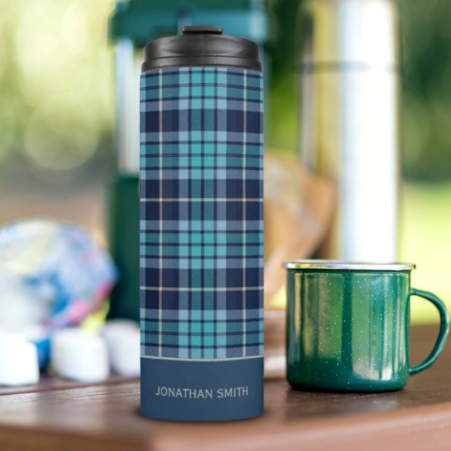 Navy Blue Tartan Plaid Pattern Thermosbecher (Von Creator hochgeladen)