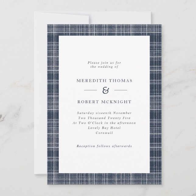 Navy Blue Tartan Scottish Winter Wedding Einladung (Vorderseite)