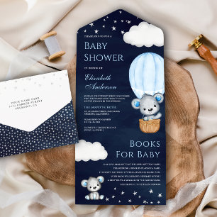 Navy Blue Teddy Bear Hot Air Ballon Babydusche All In One Einladung