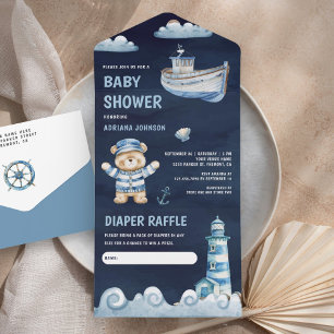 Navy Blue Teddy Bear Nautical Boat Babydusche All In One Einladung