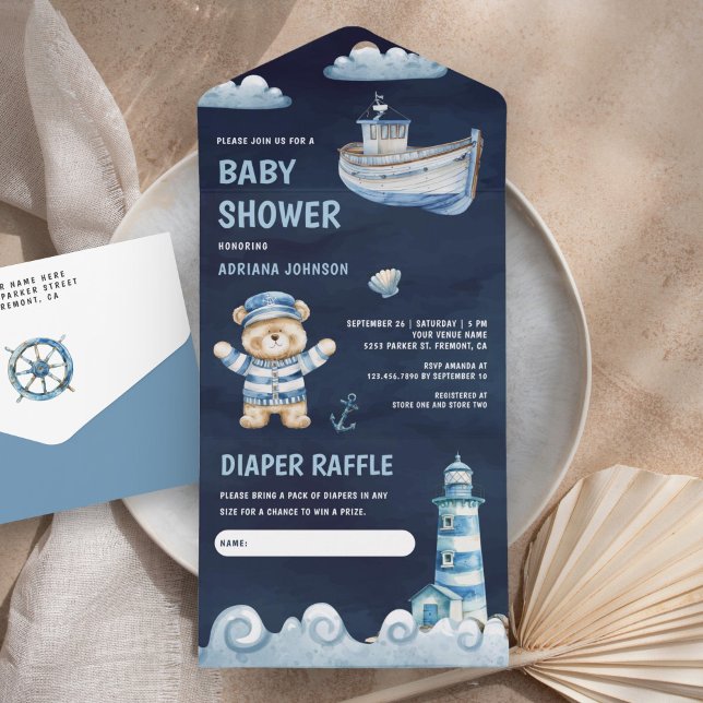 Navy Blue Teddy Bear Nautical Boat Babydusche All In One Einladung (Von Creator hochgeladen)