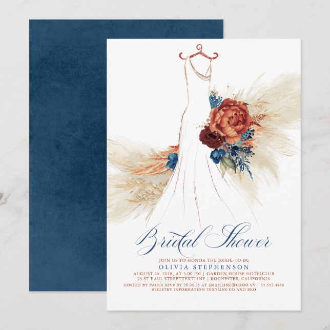 Navy Blue Terracotta Floral Boho Brautparty Einladung (Vorne/Hinten)