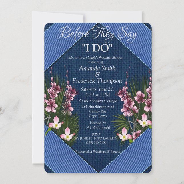 Navy - Blue Textured & Pink Blume Polterabend Einladung (Vorderseite)