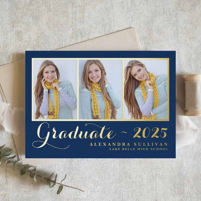 Navy Blue Three Foto Collage Abschluss Folieneinladung (Personalized photo collage graduation invitation featuring gold foil - available in other colors.)