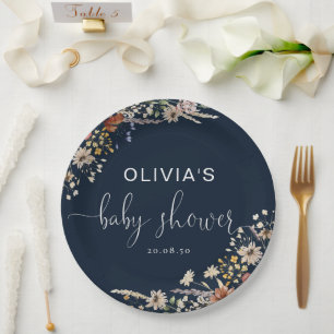 Navy Blue Tiny Wildblume Baby Shower Paper Plate Pappteller