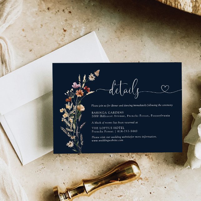 Navy Blue Tiny Wildblume Hochzeitdetails Begleitkarte (Von Creator hochgeladen)