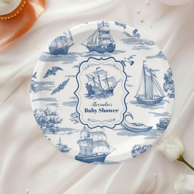 Navy Blue Toile Nautical Baby Dusche Pappteller (Von Creator hochgeladen)