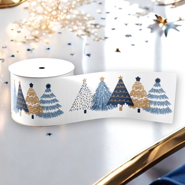 Navy Blue Trees Modern Simple Christmas Holiday Ripsband (Navy Blue Trees Modern Simple Christmas Holiday Grosgrain Ribbon)