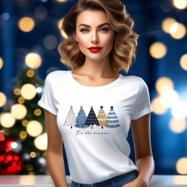 Navy Blue Trees Modern Simple Christmas Holiday T-Shirt (Navy Blue Trees Modern Simple Christmas Holiday T-Shirt)
