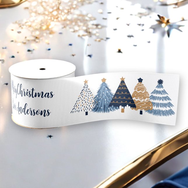 Navy Blue Trees Modern Simple Christmas Name Ripsband (Navy Blue Trees Modern Simple Christmas Name Grosgrain Ribbon)