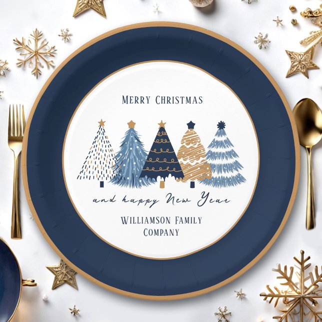 Navy Blue Trees Text Name Moderner Weihnachtsfeier Pappteller (Navy Blue Trees Taxt Modern Christmas Holiday Paper Plates)