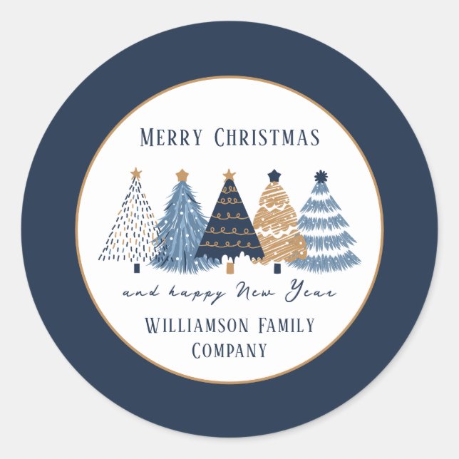 Navy Blue Trees Text Name Moderner Weihnachtsfeier Runder Aufkleber (Vorderseite)