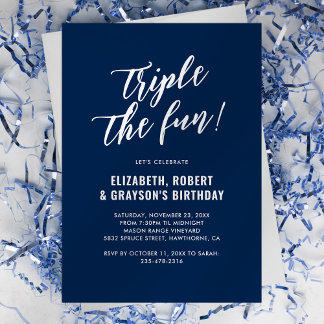 Navy Blue Triple The Fun Joint Birthday Party Einladung