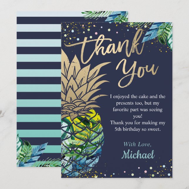 Navy Blue Tropical Luau Pineapel Beach Party Dankeskarte (Vorne/Hinten)