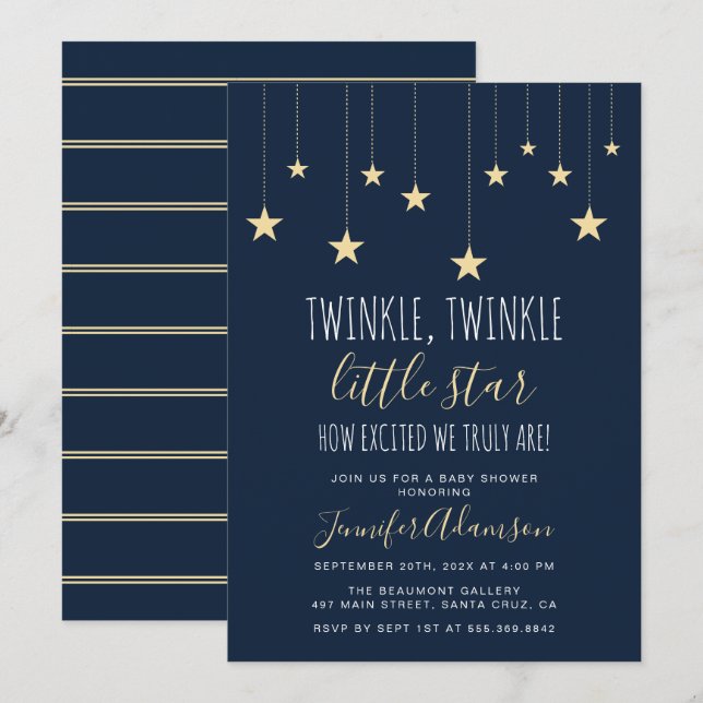 Navy Blue Twinkle Little Star Baby Dusche Einladung (Vorne/Hinten)