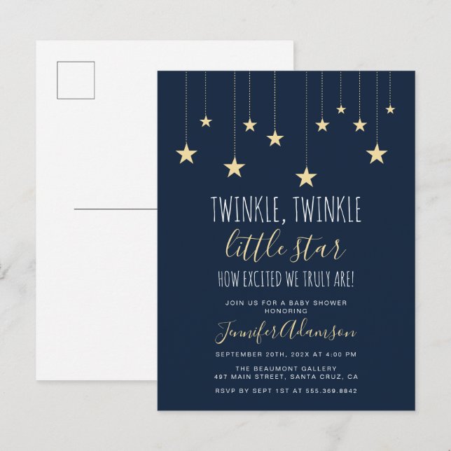 Navy Blue Twinkle Little Star Baby Dusche Einladungspostkarte (Vorne/Hinten)