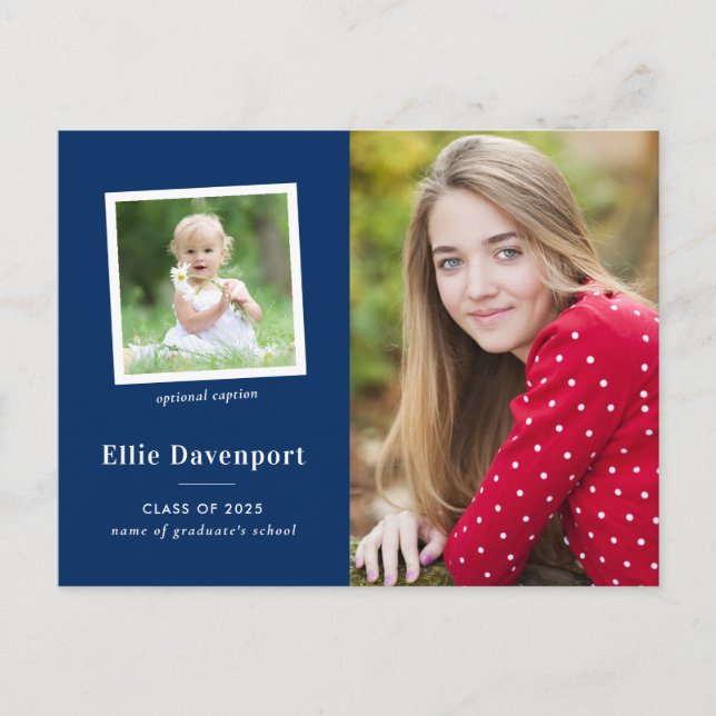 Navy Blue Two Foto Graduation Party Postkarte (Vorderseite)