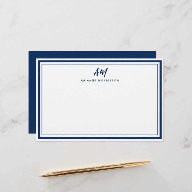 Navy Blue Two Monogram Thick & Thick Border Briefpapier (Vorderseite/Rückseite Beispiel)