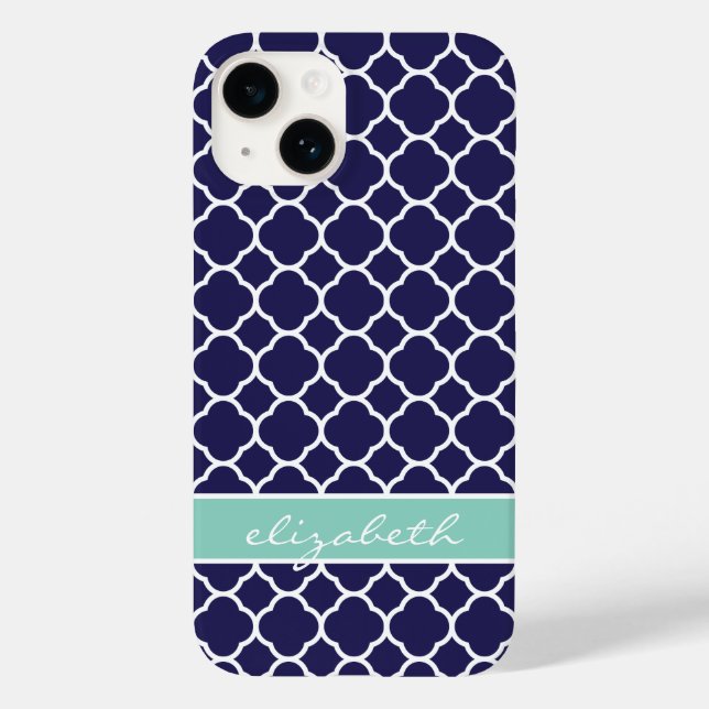 Navy Blue und Aqua Quatrefolie Custom Monogram Case-Mate iPhone Hülle (Rückseite)