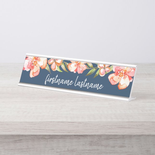Navy Blue und bemalte Blume Kalligraphiebezeichnun Schreibtischnamensplakette (Vorderseite )