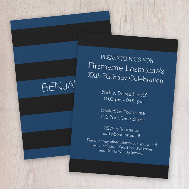 Navy Blue und Black Rugby Stripes mit Individuelle Einladung (Black and navy blue rugby stripe birthday party invitation)
