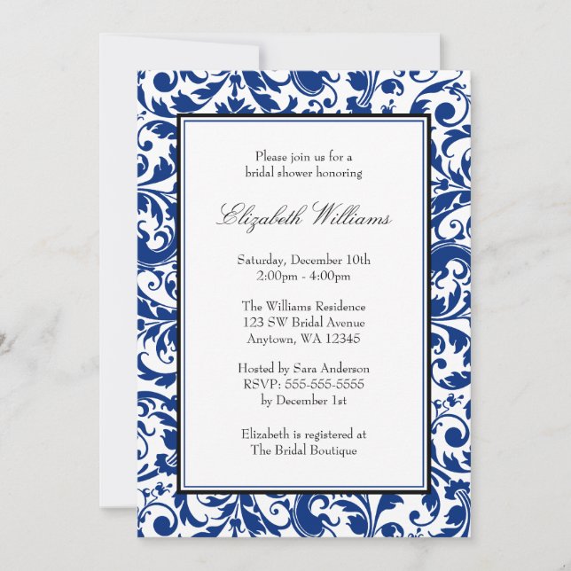 Navy Blue und Black Swirl Damask Brautparty Einladung (Vorderseite)