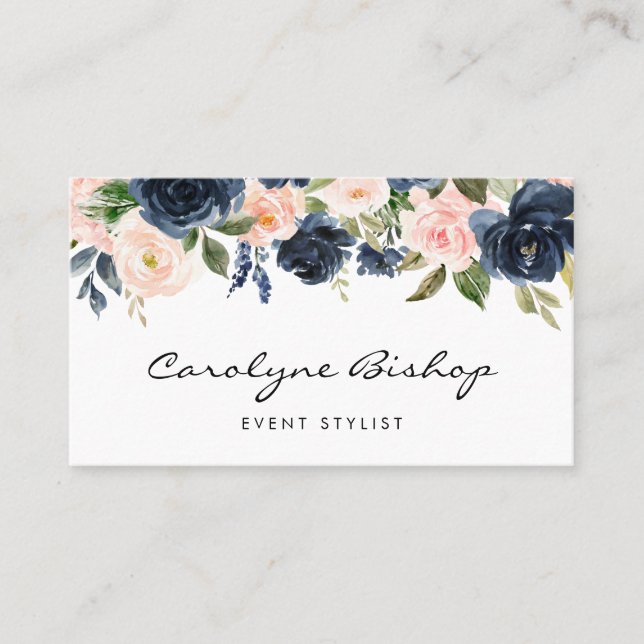 Navy Blue und Blush Blume Garland Script Visitenkarte (Vorderseite)