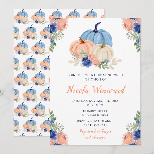 Navy Blue und Blush Floral Pumpkins Brautparty Einladung (Vorne/Hinten)