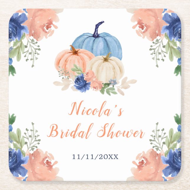Navy Blue und Blush Floral Pumpkins Brautparty Rechteckiger Pappuntersetzer (Vorderseite)