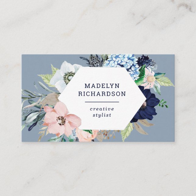 Navy Blue und Blush Nautical Blume auf Dusty Blue Visitenkarte (Vorderseite)