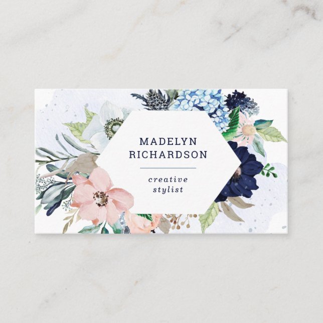 Navy Blue und Blush Nautical Blume in White Visitenkarte (Vorderseite)