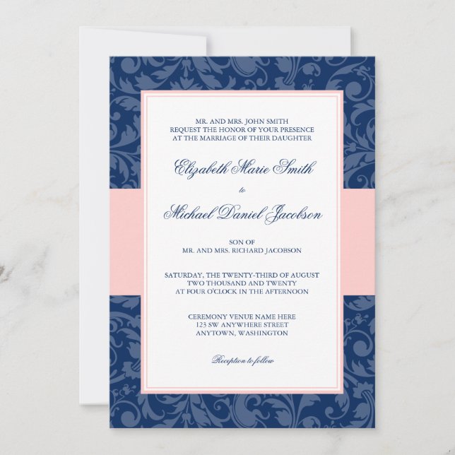 Navy Blue und Blush Pink Damask Swirl Hochzeit Einladung (Vorderseite)