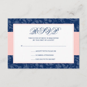 Navy Blue und Blush Pink Damask Swirl Wedding RSVP Karte