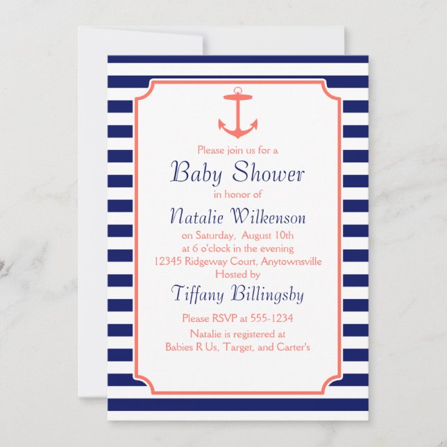 Navy Blue und Coral Anchor Silhouette Einladung (Vorderseite)