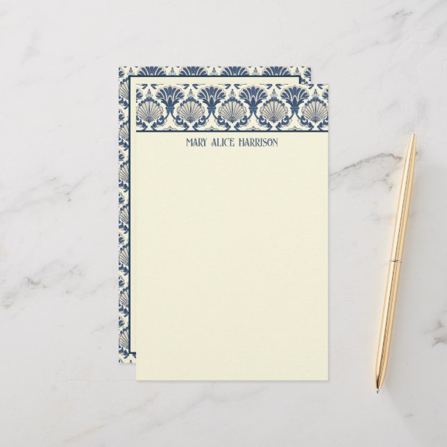 Navy Blue und Cream Seashell Pattern Briefpapier (Vorderseite/Rückseite Beispiel)