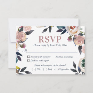 Navy Blue und Dusty Pink Floral Elegante Hochzeit RSVP Karte