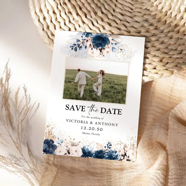 Navy Blue und Dusty Rose Save the Date mit Foto (Von Creator hochgeladen)