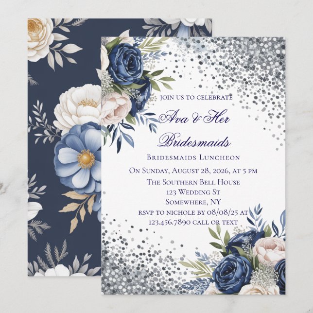 Navy Blue und Elfenbein Blumenbridesmaids Luncheon Einladung (Vorne/Hinten)