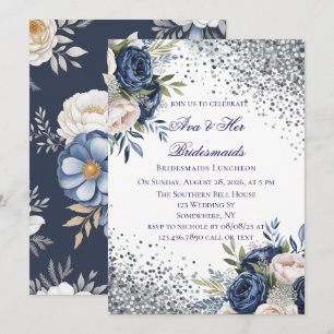 Navy Blue und Elfenbein Blumenbridesmaids Luncheon Einladung