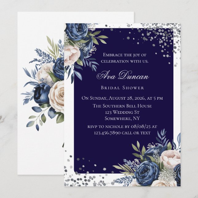 Navy Blue und Elfenbeinflora-Brautparty Einladung (Vorne/Hinten)