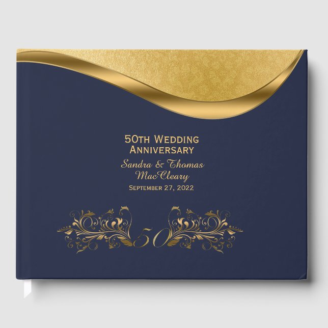 Navy Blue und Gold 50 Jahre alt Custom Gästebuch (Vorderseite)