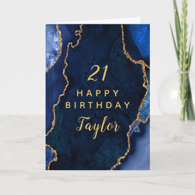 Navy Blue und Gold Agate Happy Birthday Karte (Vorderseite)