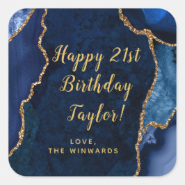 Navy Blue und Gold Agate Happy Birthday Quadratischer Aufkleber
