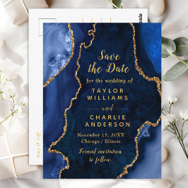 Navy Blue und Gold Agate Marble Save the Date Postkarte