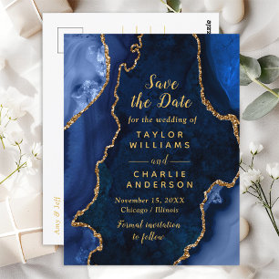 Navy Blue und Gold Agate Marble Save the Date Postkarte