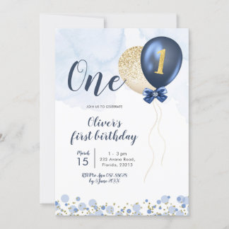 Navy Blue und Gold Balloon Boy First Birthday Inv Einladung