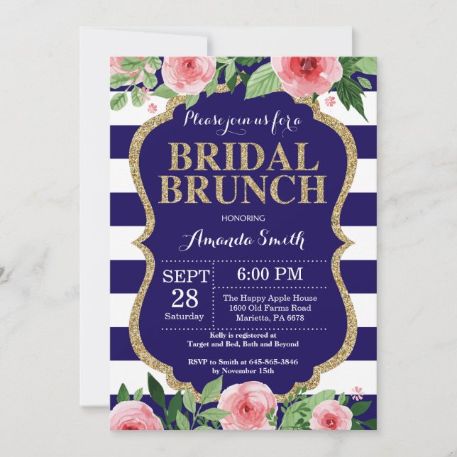 Navy Blue und Gold Bridal Brunch Einladung Floral (Vorderseite)