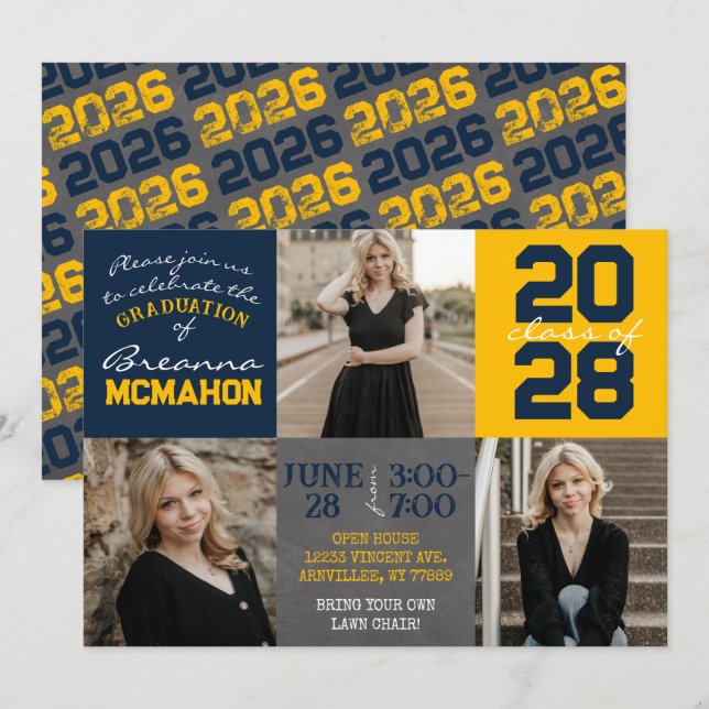 Navy Blue und Gold Chalkboard 3 Foto Abschluss Einladung (Vorne/Hinten)